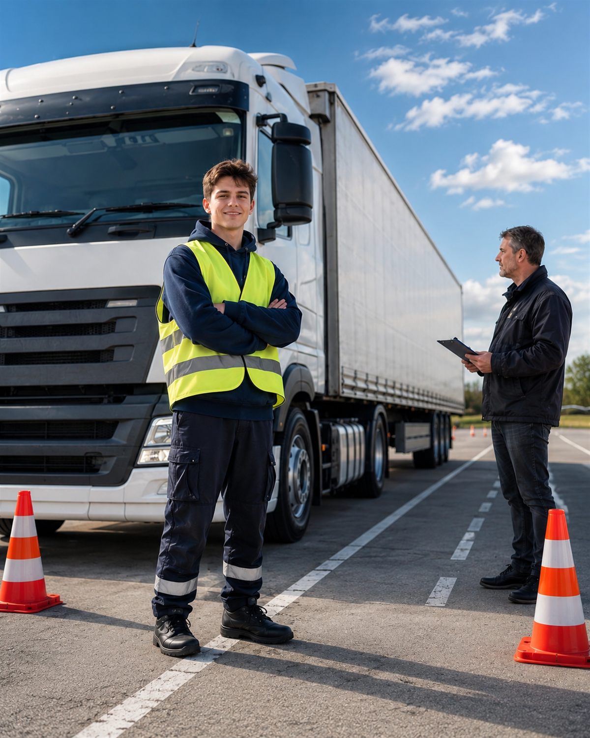 Élève de la formation chauffeur poids lourd et son formateur devant un camion